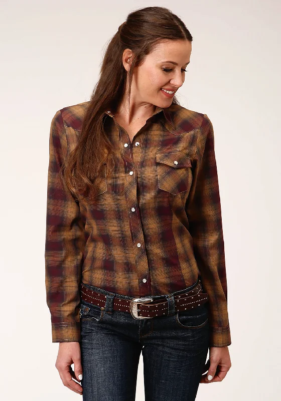 Roper Womens Plaid Caramel/Grey Cotton Blend L/S Shirt Relaxed Cotton Short Shirt