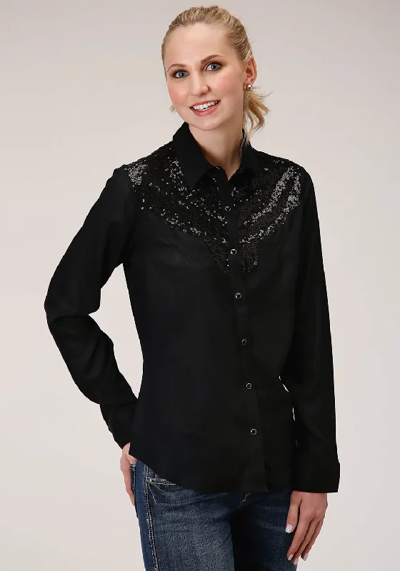 Roper Womens Sequin Boyfriend Black 100% Rayon L/S Shirt Casual Oversized Short Shirt