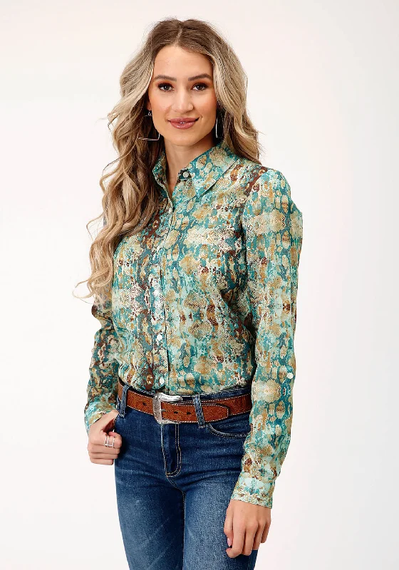 Roper Womens Snake Print Teal 100% Polyester L/S Shirt Elegant High-Low Short Shirt