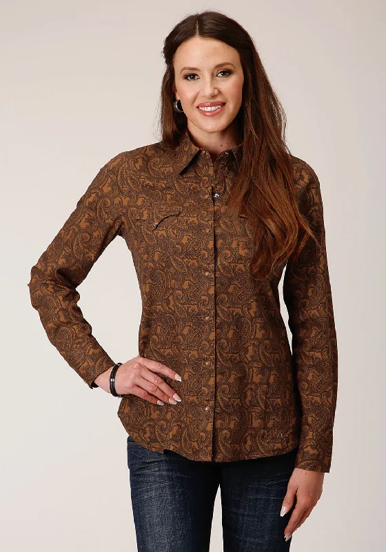 Roper Womens Vintage Paisley Brown 100% Cotton L/S Shirt Trendy Button-Front Short Sleeve