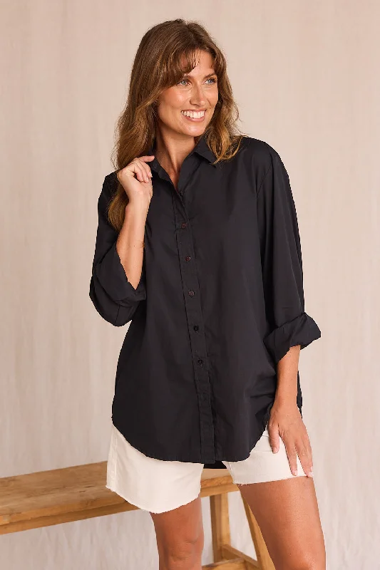 Sam Cotton Poplin Shirt in Black Casual Plain Short Shirt