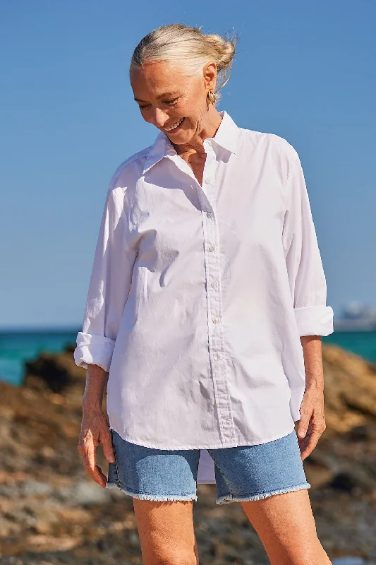 Sam Cotton Poplin Shirt in White Modern Fit Short Sleeve