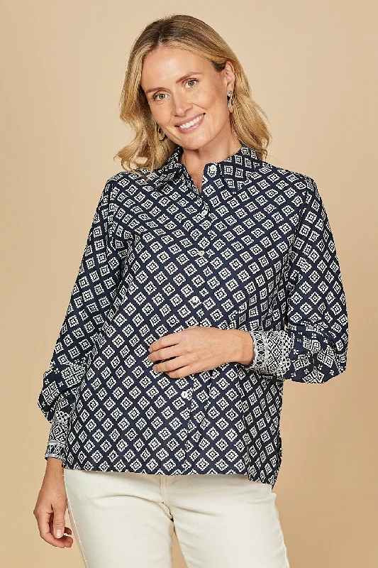 Sam Shirt in Navy Iris Relaxed Fit Short Blouse