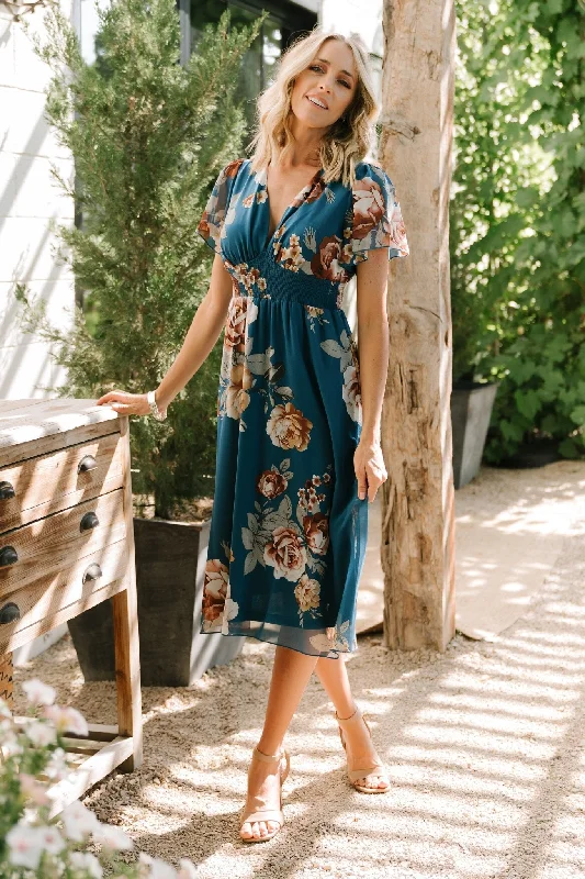 Sarah Smocked Midi Dress | Blue Floral Comfortable Sleeveless Midi Dress