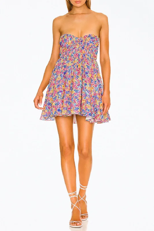 Sasha Floral-Print Strapless Bustier Mini Dress In Blue Chic Puff Sleeve Mini Dress