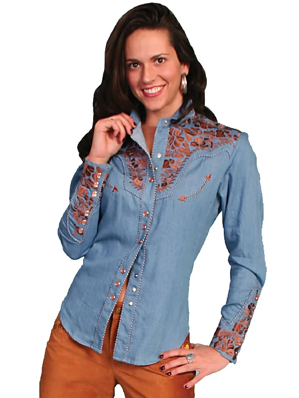 Scully Western Womens Blue Polyester L/S Floral Stitch Western Shirt Stylish Printed Short Shirt