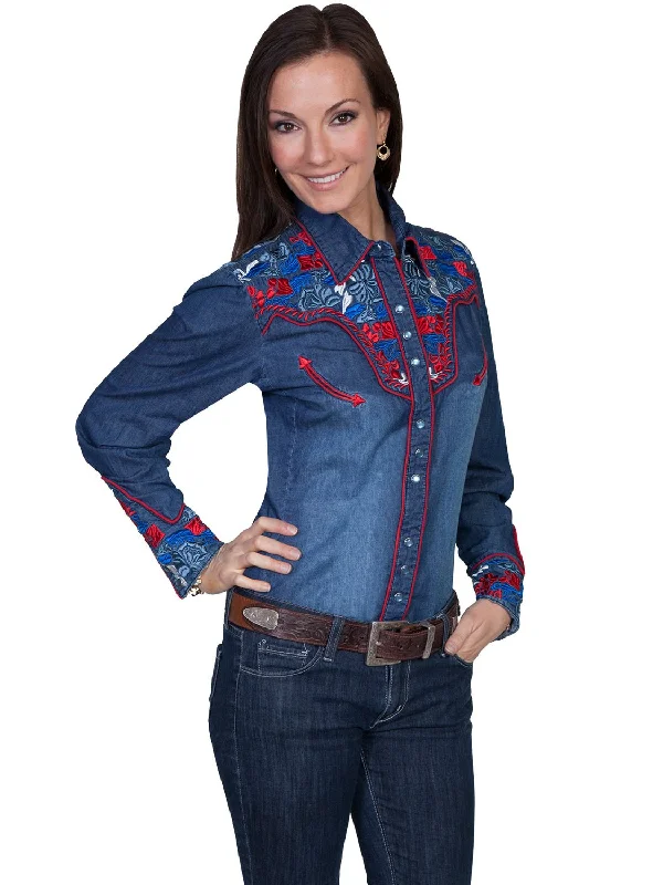 Scully Western Womens Denim Polyester L/S Multi-Floral Western Shirt Chic V-Neck Short Blouse