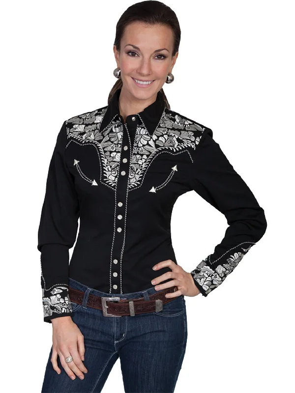 Scully Western Womens Silver Polyester L/S Floral Stitch Western Shirt Chic Embellished Short Sleeve