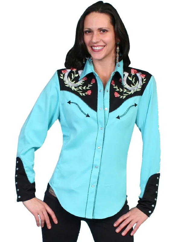 Scully Western Womens Turquoise Polyester L/S Horseshoe Western Shirt Trendy Short Sleeve Tunic