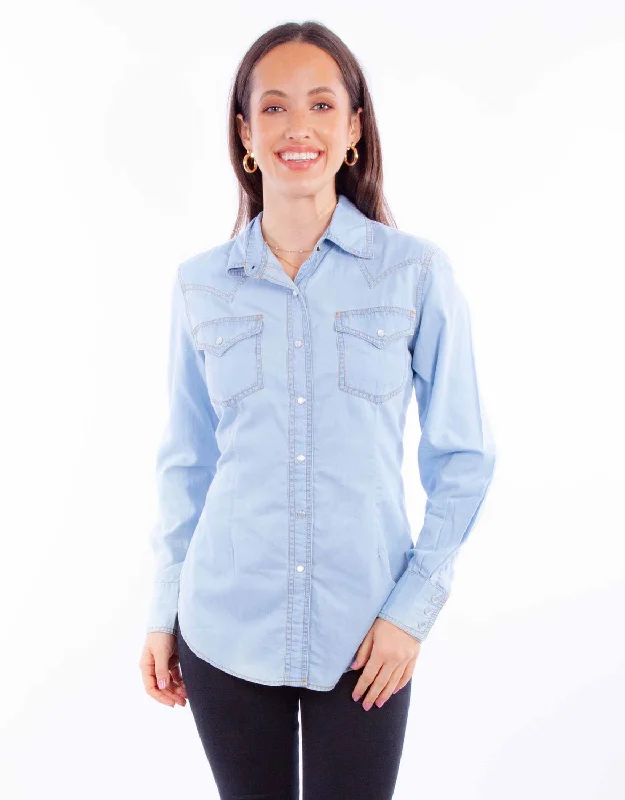 Scully Womens Contrast Thread Light Blue 100% Cotton L/S Shirt Soft Cotton Short Tee