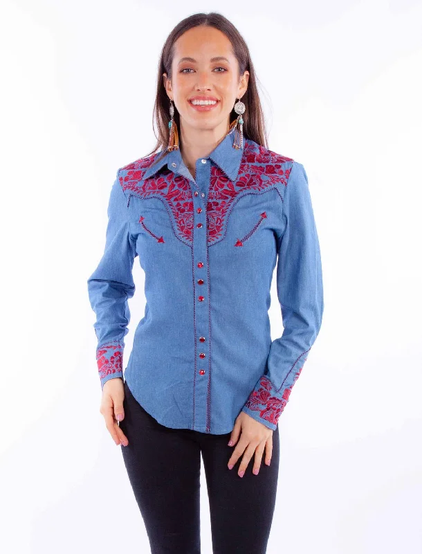 Scully Womens Embroidered Floral Blue/Cranberry Poly/Rayon L/S Shirt Comfortable Knit Short Shirt