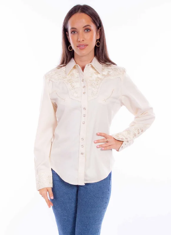 Scully Womens Embroidered Floral Ivory Poly/Rayon L/S Shirt Soft Silk Short Sleeve