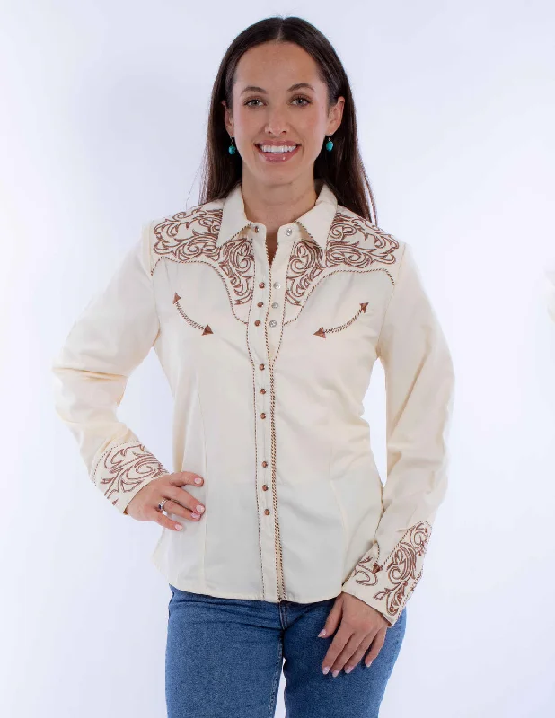 Scully Womens Embroidered Scroll Cream Poly/Rayon L/S Shirt XL Soft Silk Short Sleeve