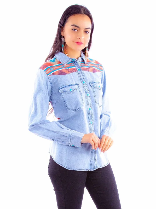 Scully Womens Microfiber Aztec Scene Denim Cotton Blend L/S Shirt Casual Cotton Short Shirt