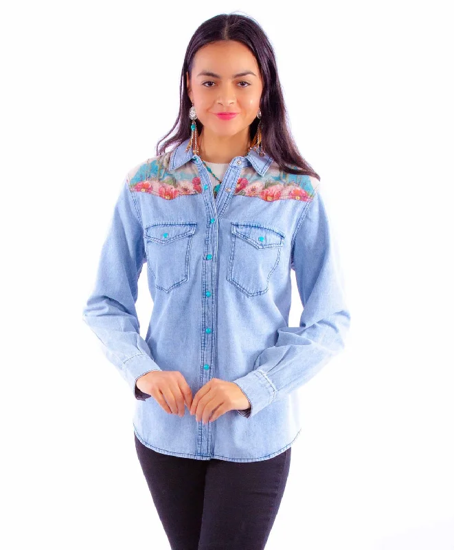 Scully Womens Microfiber Cactus Scene Denim Cotton Blend L/S Shirt Fashionable Rounded Short Shirt