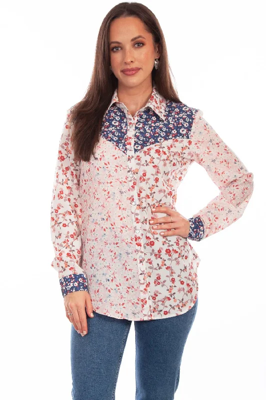 Scully Womens Multi-Fabric Floral Vintage 100% Polyester L/S Shirt Fashionable Tied Short Sleeve