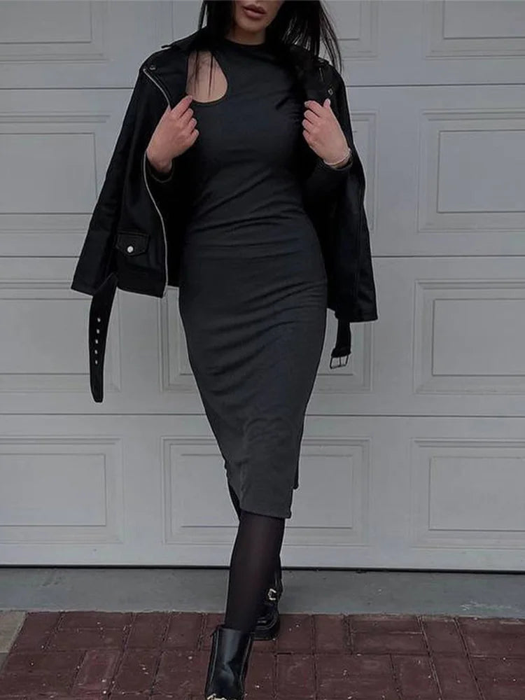 Sexy Cut Out  Elegant O-neck Long Solid Casual Midi Dresses Trendy A-Line Midi Dress