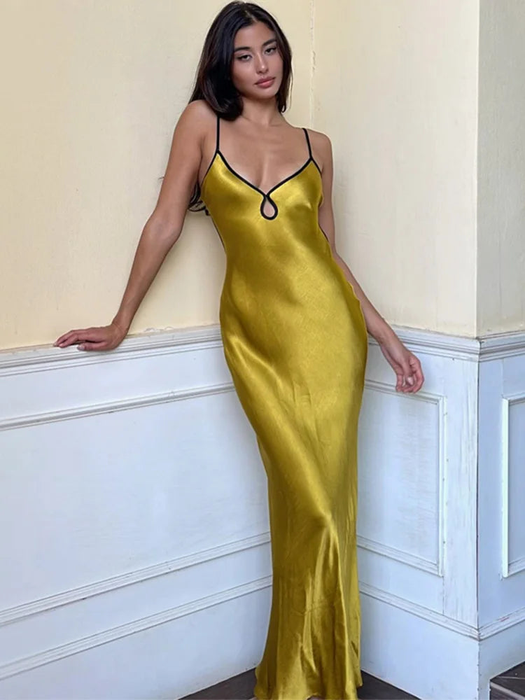 Sleeveless Backless Patchwork Lace Up Cut Out Sexy Maxi Prom Midi Dresses Stylish Color Block Midi Dress