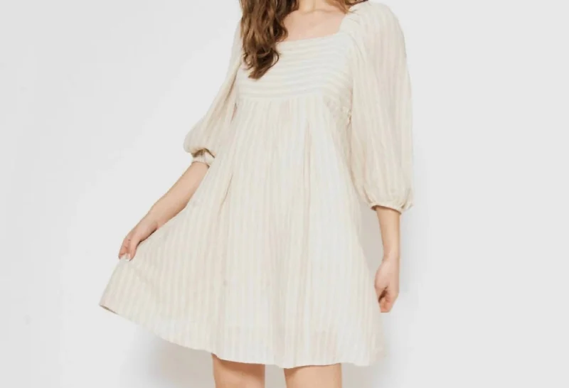 Smocked Midi Dress In Striped Oatmeal Fashionable Chiffon Midi Dress