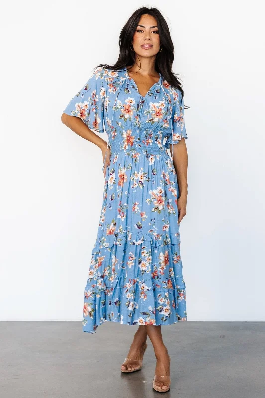 Spell Boho Midi Dress | Blue + Peach Floral Comfortable Draped Midi Dress