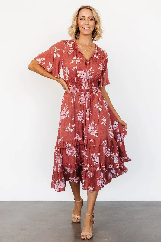 Spell Boho Midi Dress | Terracotta Floral Trendy Midi Dress with Belt