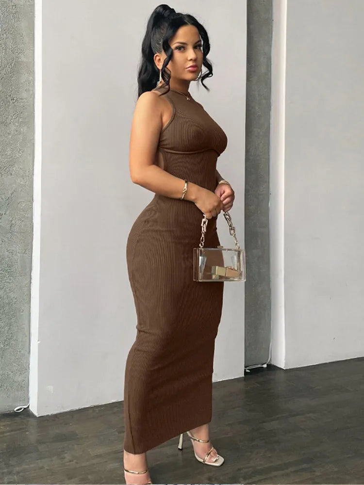 Spring Sexy Backless Elegant Evening Birthday Brown Long Midi Dresses Stylish Animal Print Midi Dress