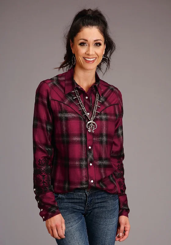 Stetson Womens Western Plaid Wine 100% Rayon L/S Shirt Stylish Short Sleeve Polo