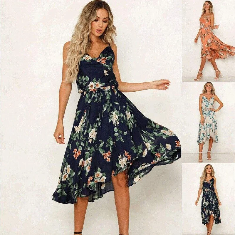 FashionSierra - Summer Women Boho Sleeveless Loose Midi Dress Fashion Floral Evening Party Beach Dress Holiday Beach Sundress Stylish Silk Midi Dress