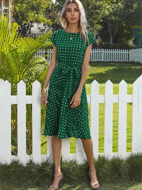 FashionSierra - Polka Dot Short Sleeve Bandage Party Pleated Midi Dress Trendy Boho Midi Dress