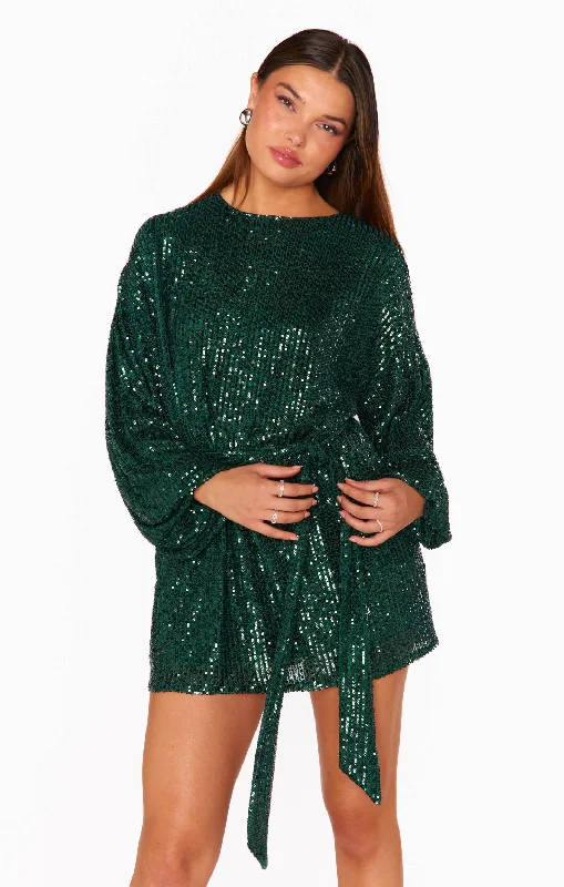 Sure Thing Mini Dress ~ Emerald Sequins Fashionable Pleated Mini Dress