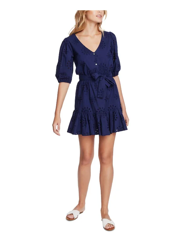 The Fleur Womens Button Front Embroidered Mini Dress Cozy Ruched Mini Dress