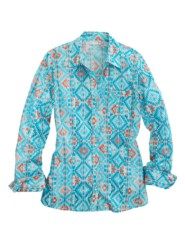 Tin Haul Womens Aztec Print Turquoise 100% Cotton L/S Shirt Trendy Floral Short Sleeve