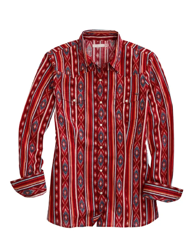 Tin Haul Womens Aztec Stripe Red 100% Cotton L/S Shirt Soft Silk Short Sleeve