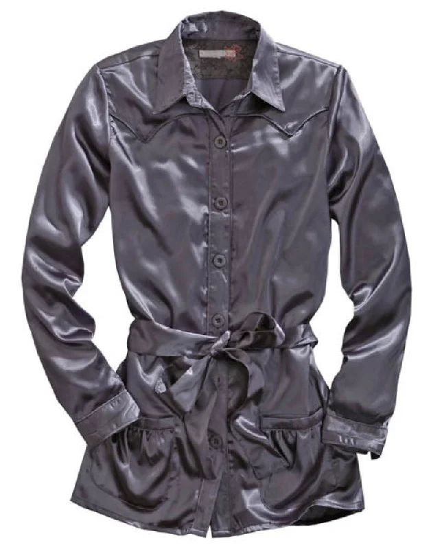 Tin Haul Womens Gray Polyester L/S Belted Tunic Satin Shirt Classic Short Sleeve Blouse