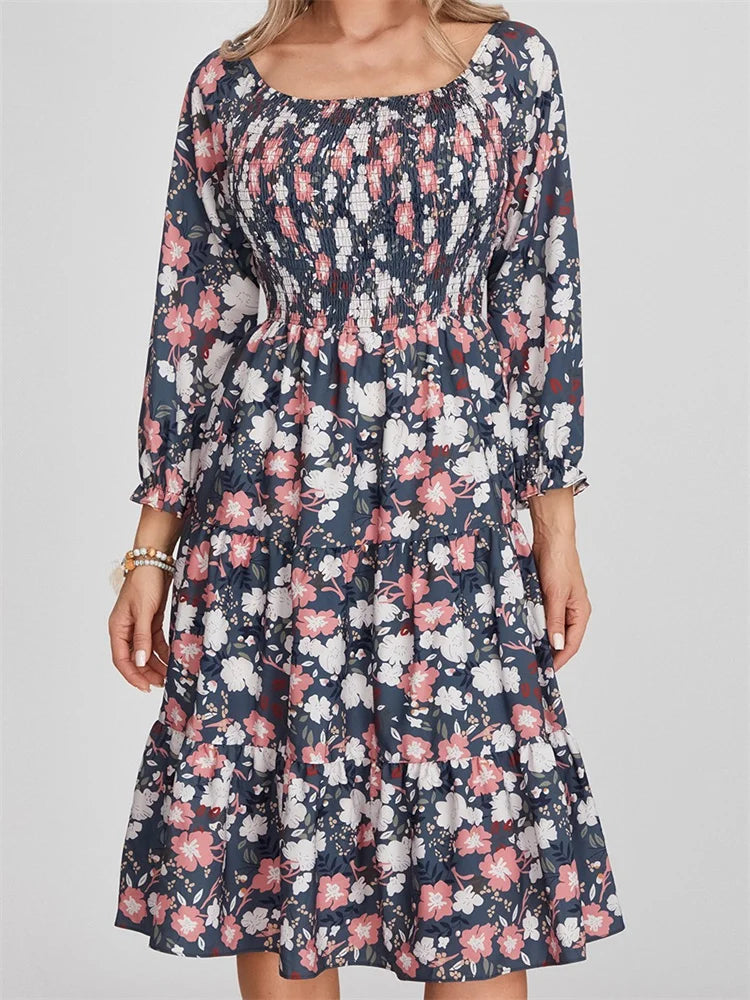 Vintage Bohemian Floral Print Long Sleeve High Waist A-Line Midi Dress Fashionable A-Line Midi Dress