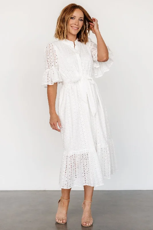 Virginia Eyelet Midi Dress | Off White Fashionable High-Low Midi Dress