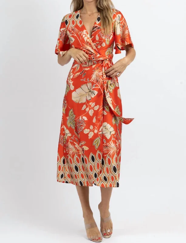 Waikiki Wrapped Satin Midi Dress In Orange/multi Comfortable Wrap Midi Dress