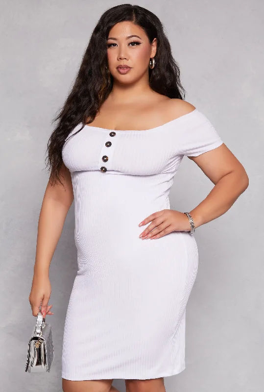 Plus Size Lettuce Edge Off the Shoulder Midi Dress Stylish Button-Up Midi Dress