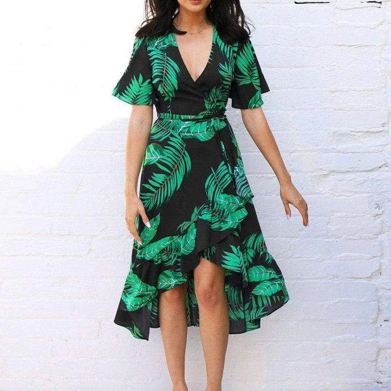 FashionSierra - Women Boho Floral Ruffled Midi Dress Fashion Ladies Summer Beach Holiday Party Spilt Dress Sundress Elegant Puff Sleeve Midi Dress