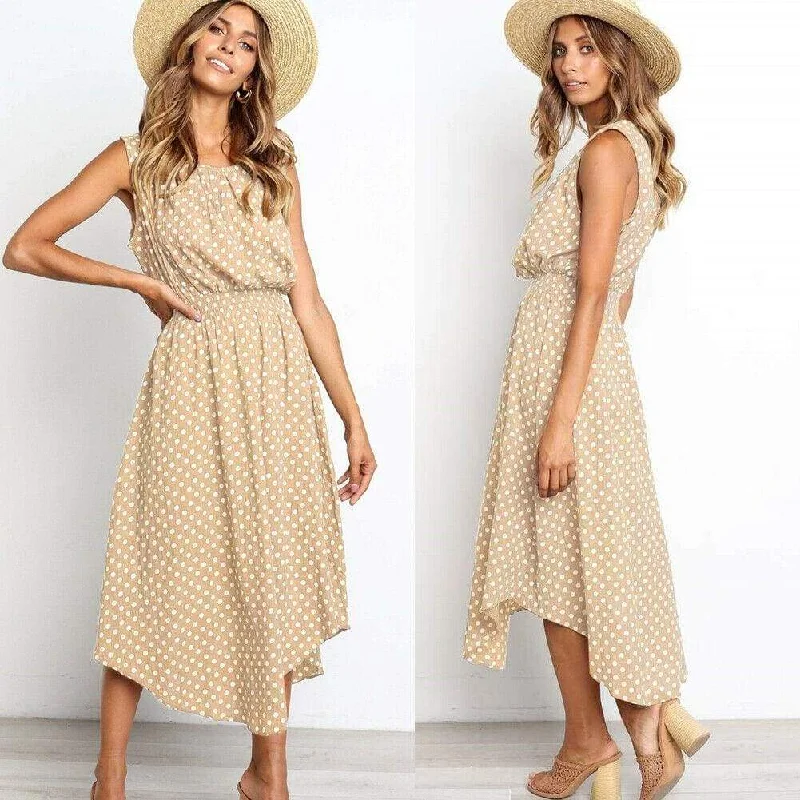 FashionSierra - Women Boho Sleeveless Midi Dress Polka Dot Fashion Summer Party High Waist O-Neck Holiday Beach Dress Sundress Chic Floral Print Midi Dress