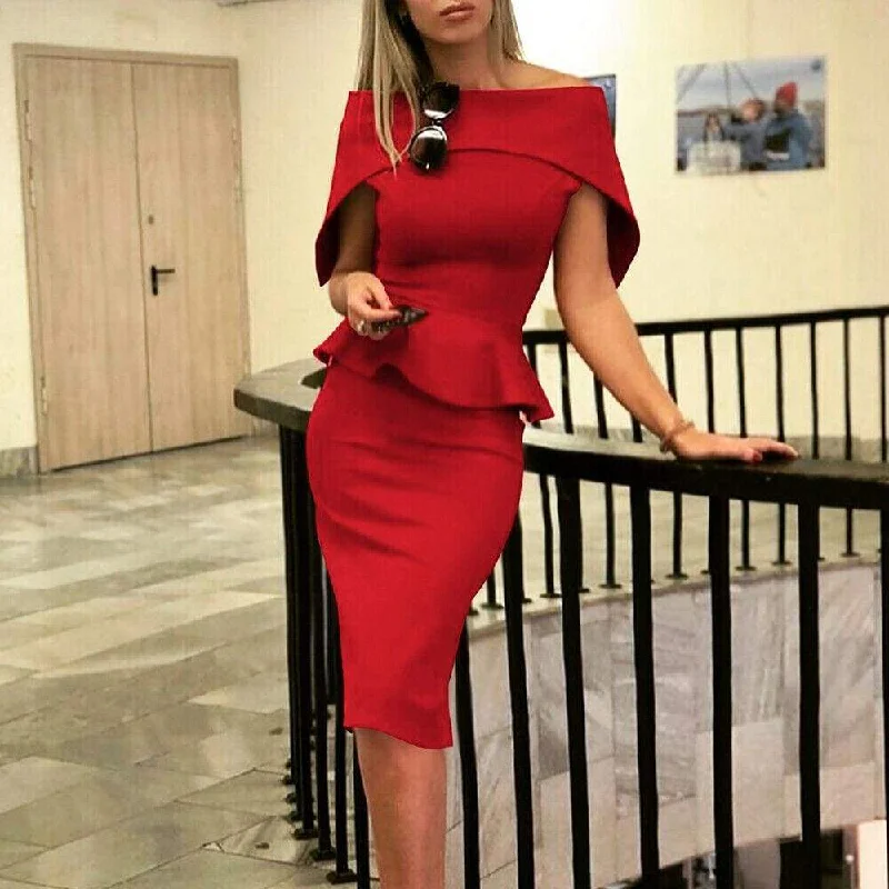 FashionSierra - Women Elegant Summer Off Shoulder Ruffle Midi Dress Formal Work Office OL Ladies Bodycon Slim Pencil Dress Stylish Animal Print Midi Dress