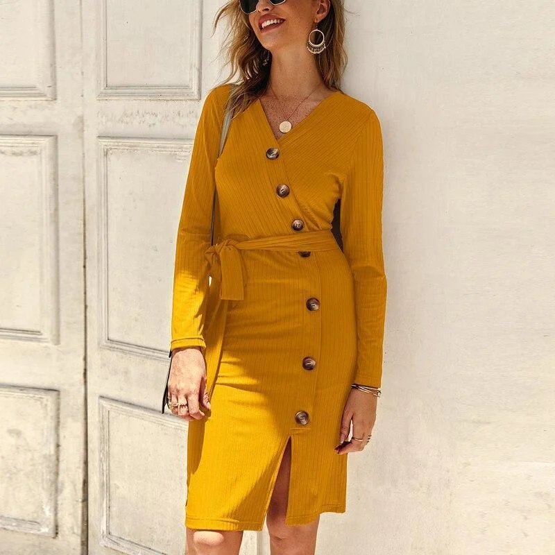 FashionSierra - Women Long Sleeve V Neck Button Midi Dress Autumn Winter Knitted Dress Elegant OL Workwear Streetwear Bodycon Vestidos Mujer Stylish Silk Midi Dress