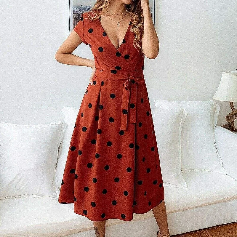 FashionSierra - Women Polka Dot Midi Dress Fashion Ladies Boho Short Sleeve V Neck Summer Beach Party Casual Long Sundress Elegant Satin Button Midi Dress