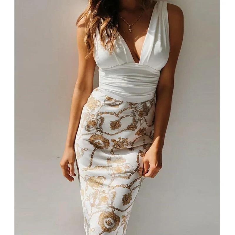 FashionSierra - Women's Sexy Deep V Neck Ruched Floral Patch Midi Dress 2019 Fashion Ladies Sleeveless Bodycon Evening Party Pencil Dress Stylish Long Sleeve Floral Midi Dress