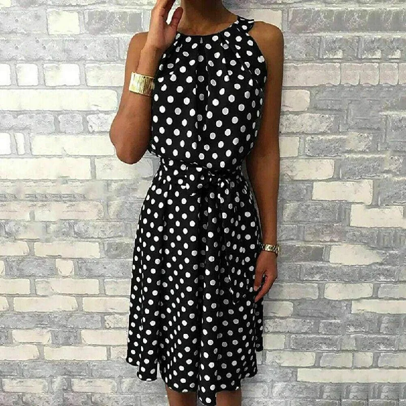 FashionSierra - Women Sleeveless Polka Dot Midi Dress 2019 Fashion Ladies Summer Beach Casual Bandage Belt Dress Sundress Trendy Long Sleeve Midi Dress