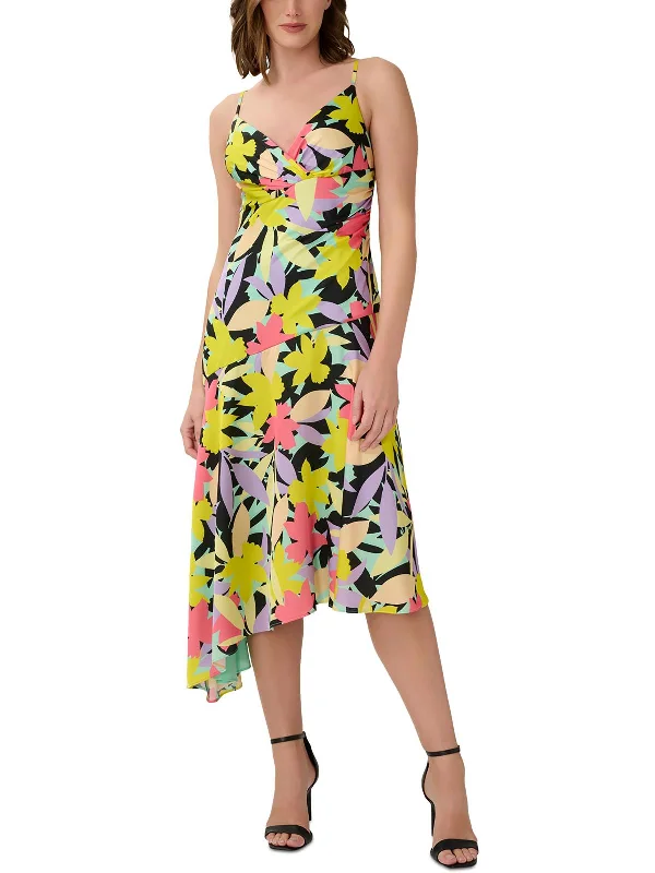 Womens Asymmetric Long Midi Dress Elegant Floral Appliqué Midi Dress