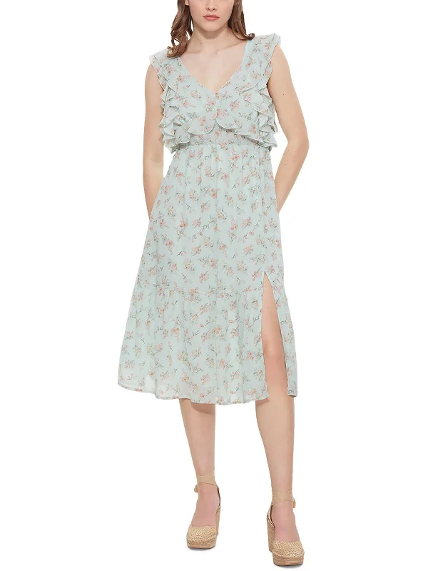 Womens Chiffon Floral Midi Dress Trendy Smocked Waist Midi Dress