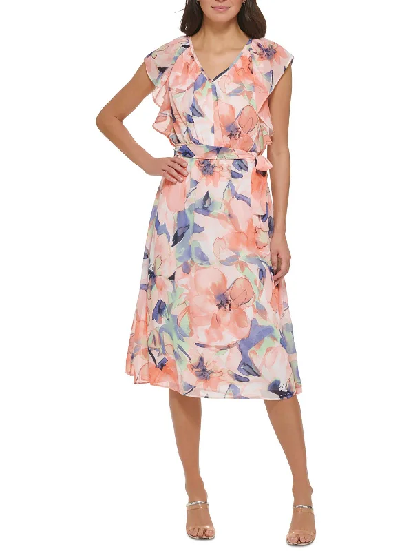 Womens Floral Print V Neck Midi Dress Elegant Pleated Detail Midi Dress