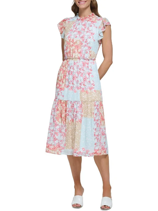 Womens Floral Tiered Midi Dress Fashionable A-Line Midi Dress