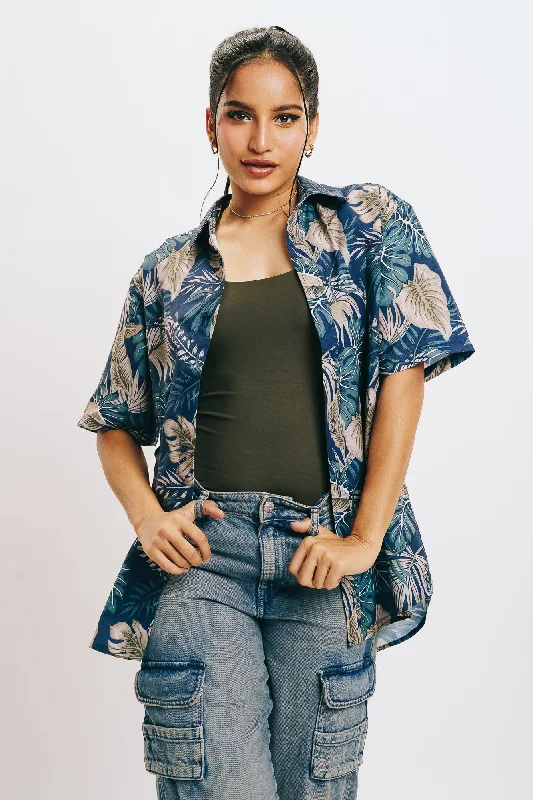 Women's Leaves Print Shirt Trendy Summer Short Sleeve